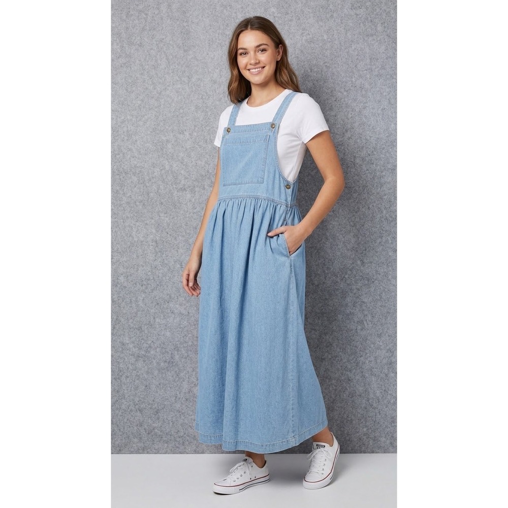 Vintage Socal Express Denim Overall Dress Womens Light Wash Midi Pinafore USA S